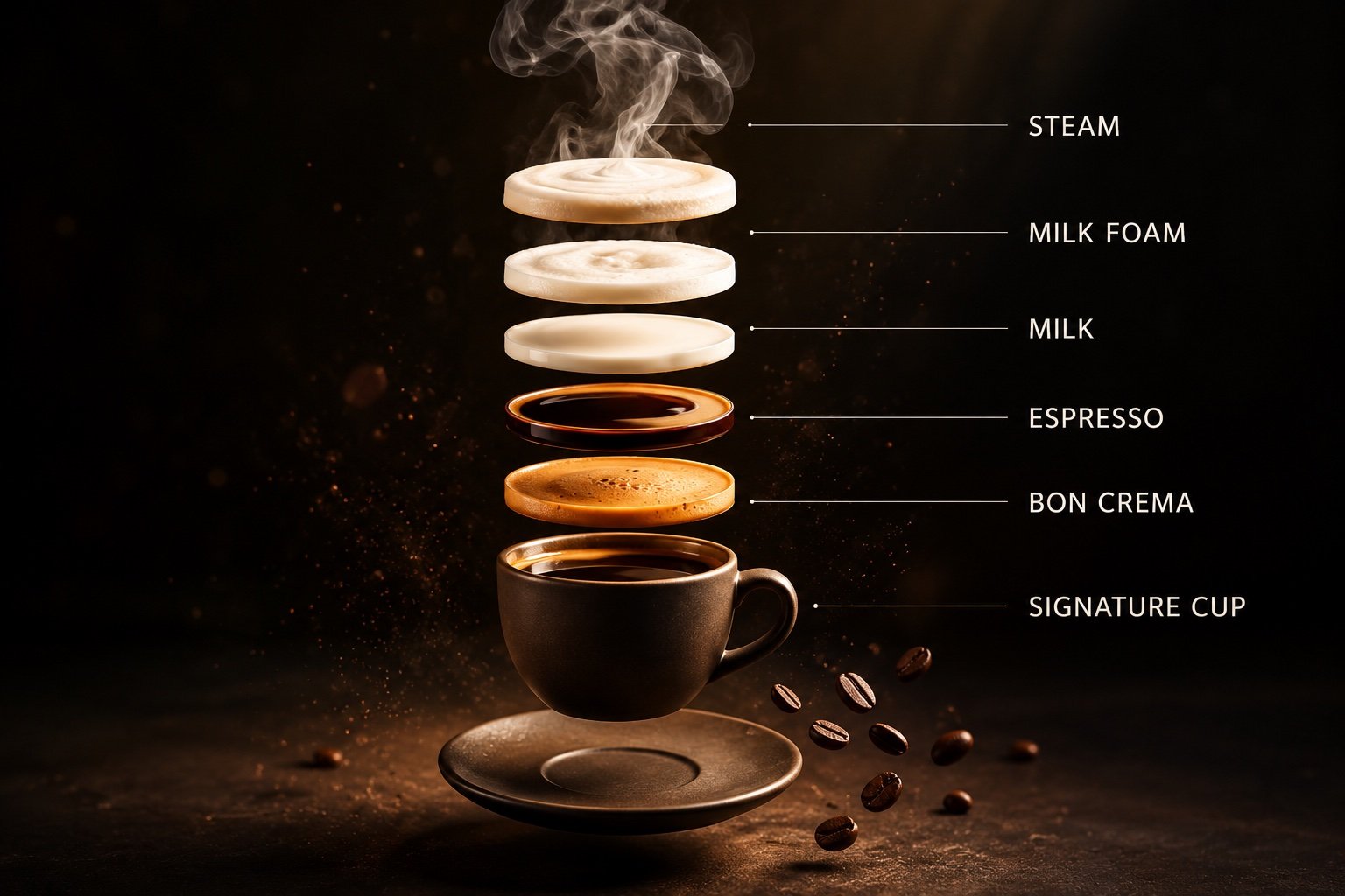 A latte shown in layers: steam, milk foam, milk, espresso and crema floating above a dark signature cup with coffee beans