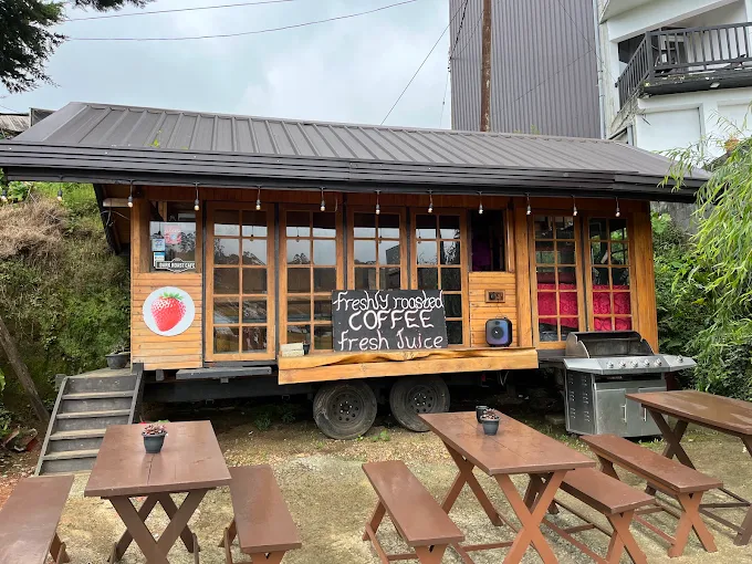 The wooden café cabin by day, with picnic tables on the grass outside